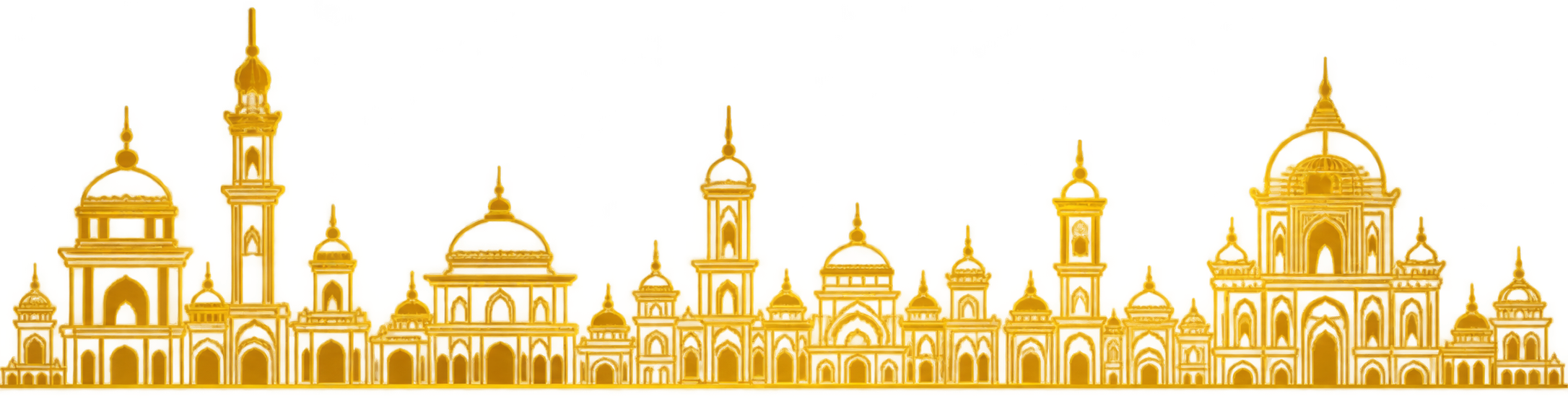 A golden line-art silhouette of a row of domed and minaret-style buildings, resembling a skyline or architectural illustration, on a solid black background.